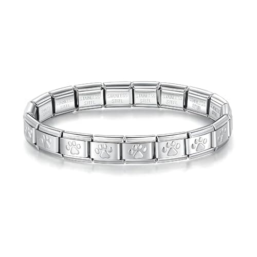 Image of Mon & Sons 9mm Silver Gold Rose Cross Heart Paw Dolphin Horse Ying Yang Link Starter Bracelet Italian Stainless Steel Compatible With Modular Charm (Silver Dog Cat Paw Link Starter Bracelet)