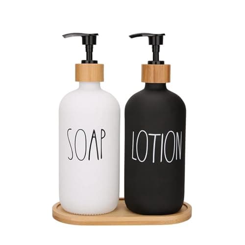 Image of Hniuyun Bathroom Soap Dispenser Set, Glass Soap Dispenser with Bamboo Pump & Tray, 16 Oz Refillable Liquid Dispenser Set for Bathroom, Countertop, Kitchen, Laundry Room (Sl Black & White)