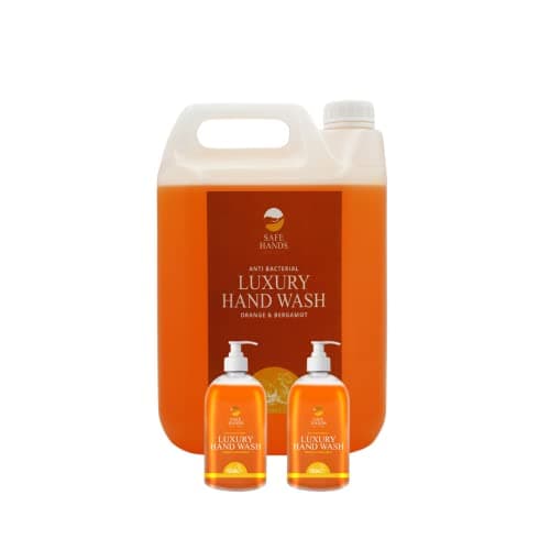 Image of Safe Hands | Luxury Hand Wash | Orange & Bergamot | 5 Litre Refill & 2 x 500ml | Moisturising Antibacterial Hand Soap | Removes 99% of Bacteria | Kind to Skin