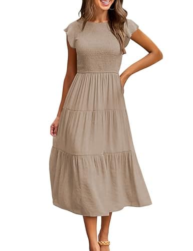 Image of CMTOP Dresses for Women UK Casual Summer Dress Long Crew Neck Ruffle Sleeve Flowy Maxi Dresses Solid Color Elastic Waist Ruched Ladies Dresses Tiered A Line Beach Holiday Sundress(Camel Color,L)