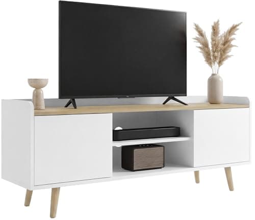Image of Blisswood TV Unit, 112cm TV Stand Cabinet for up to 43–50 Inch TVs, Modern TV Cabinet with Storage & Open Shelf, Wooden Legs Entertainment Console Table for Living Room & Bedroom, White & Oak