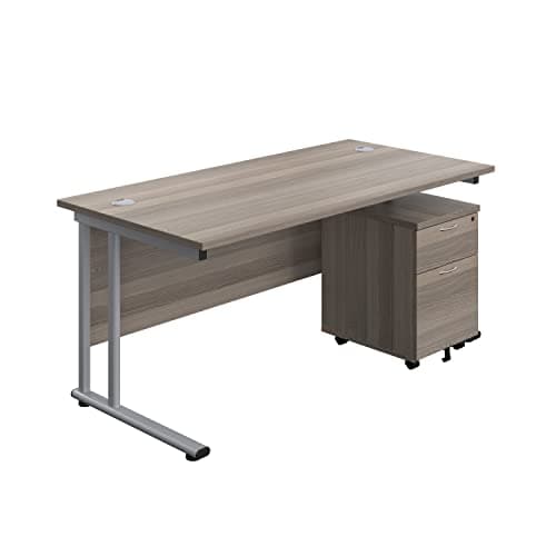 Image of Office Hippo Heavy Duty Rectangular Cantilever Office Desk, Home Office Desk With 2 Drawer Lockable Mobile Pedestal Filing Cabinet, File Cabinet, 5 Yr Wty, Silver Frame, Grey Oak, 180 x 80 cm