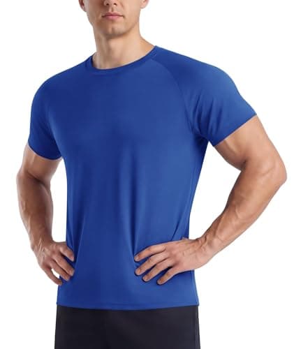 Image of BOOJO Gym T Shirts Men UK Running Quick Dry Fit Top Short Sleeve Crew Neck Tshirt Breathable Active Wear for Sports Work(Blue,M)