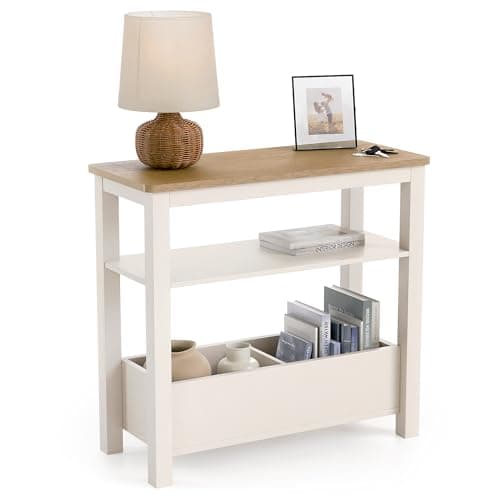 Image of CHRISTOW Slim Console Table with Oak-Effect Top, Middle Shelf & 2 Storage Compartments, Side Table for Sofa, Living Room, Hallway & Small Spaces, Sturdy MDF, Cream Finish, H60cm x W65cm x D28cm