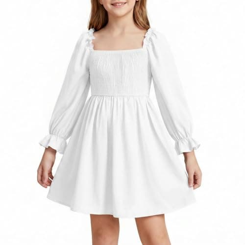 Image of DivingBirds Girls Dresses Square Neck Puff Long Sleeve A-Line Dress Kids Spring Summer Casual Birthday Holiday Clothes for Girl 7-8 Years White