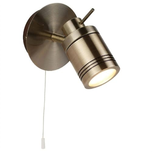 Image of Britalia Antique Brass Bathroom 1 Lamp Adjustable Switched Spot Light | 10cm Wide | IP44 Rating | Cylindrical Head | 1 x GU10 Lamp Required | 240V UK | Stainless Steel | Pull Cord Switch