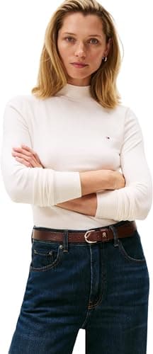 Image of Tommy Hilfiger Women’s Fine Jersey Long Sleeve Top with Mock Neck, Off-White (Ivory Petal), XS
