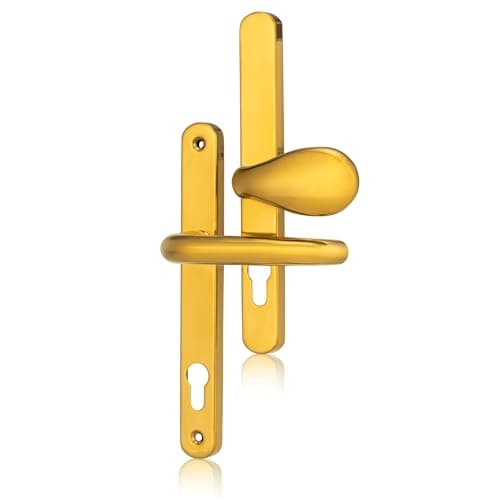 Image of XFORT Uros Polished Brass Offset UPVC Door Handle, (PZ 62/92mm, Screw Hole Distance 211mm, 243mm Overall) Aluminium Offset Lever/Pad, UPVC Door Handle