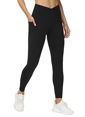Image of THE GYM PEOPLE Women's V Cross High Waist Yoga Leggings with Pockets, Tummy Control Yoga Pants for Ladies Gym Sports Running, Black, M
