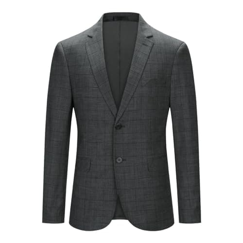 Image of YOUTHUP Mens Check Blazer 2 Buttons Casual Business Slim Fit Suit Jacket Vintage Plaid Formal Jackets, Grey-46, L
