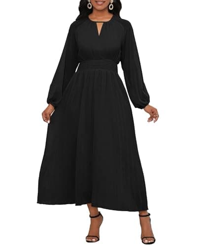 Image of VERWIN Chiffon Dresses for Women Long Sleeve Round Neck Maxi Dress Elastic Waist Pleated A Line Flowy Dress XXL Black