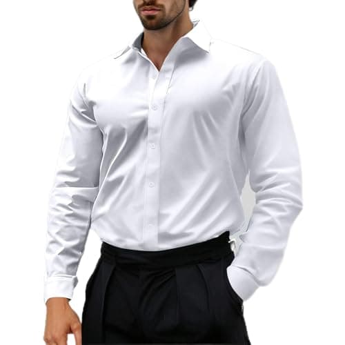 Image of Mrat Men's Dress Shirt Long Sleeve Business Casual Classic Fit Formal Shirt Button Down Lapel Stretch Muscle Regular Fit Tops Work Office Wrinkle Free Tee Shirts Party Wedding UK Size 8-16 White
