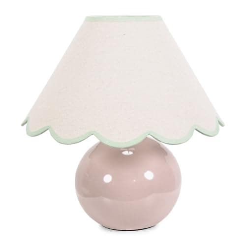 Image of ValueLights | Stone Natural Ceramic Table Lamp with Green Trim Scallop Lampshade Living Room Bedside Light | Table Lamps, Home Décor & Improvement Essential | Included LED Bulb