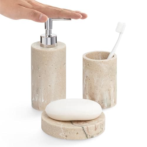 Image of Navaris Decorative Bathroom Accessories Set - 3-Piece Bath Accessory Kit with Toothbrush Holder Liquid Soap Dispenser and Soap Dish Tray Set - Stone