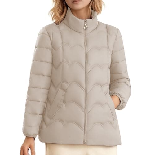 Image of Eauptffy Quilted Jacket Women's Stand-Up Collar Transition Jacket Button Down Jacket Warm Winter Jacket Long Sleeve Loose Outdoor Jacket Plain Quilted Coat with Pocket Padded Winter Coat, Z3 Beige