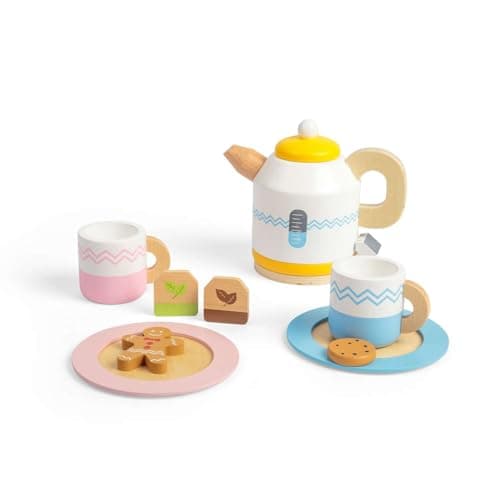 Image of Bigjigs Toys Wooden Tea Set For Two - 10 Piece Children's Teatime Playset (with Kettle, Teabags & Biscuits), Kids Toy Kitchen Accessories, Food Role Play, Gifts For Toddlers, Age 18 Months Old +