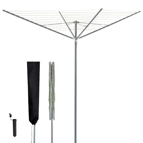Image of LIVIVO 4 Arm Rotary Washing Line - 45M Outdoor Clothes Line for Outside - Foldable Garden Rotary Outdoor Clothes Dryer Rotary Airer with Plastic Ground Spike and Cover - Grey