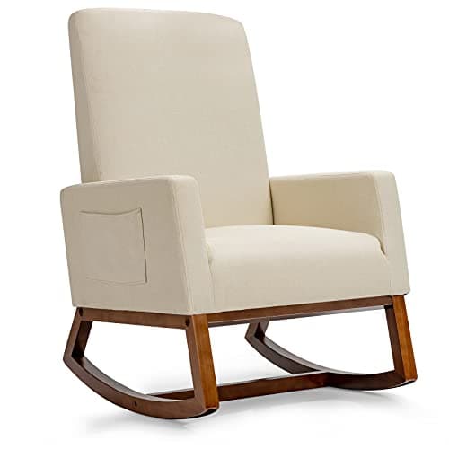 Image of COSTWAY Relax Rocking Chair, Linen Fabric Upholstered Rocker Accent Chair with Solid Wood Legs and Side Pocket, Modern High Back Leisure Lounge Armchair for Living Room Bedroom Nursery (Beige)