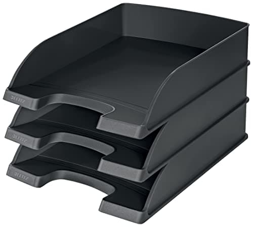 Image of Leitz Letter Tray, Standard A4, Pack of 3, Letter Tray in Premium Quality, Stackable Storage Compartment as Desk Organiser, Can be Combined with Plus Series, Black, 52270095