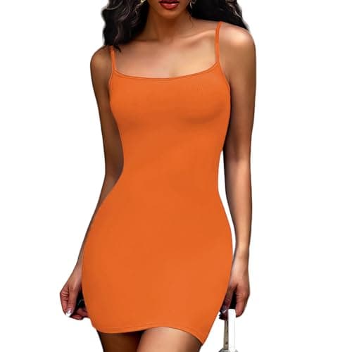 Image of Joyshaper Women Sleeveless Bodycon Dresses Sexy Mini Dress Spaghetti Strap Cami Tight Short Sundress Ladies Summer Lounge Dress Orange,S