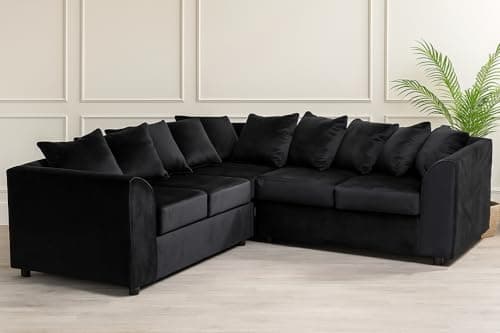 Image of Seater Settee - 2C2 Corner Plush Velvet Sofas - Sectional Black 5 Seater Sofa with Footstool - Comfy Dual Arm Scatter Back Couches - Large Soft Fabric Couch Suite For Living (5 Seater Sofa)