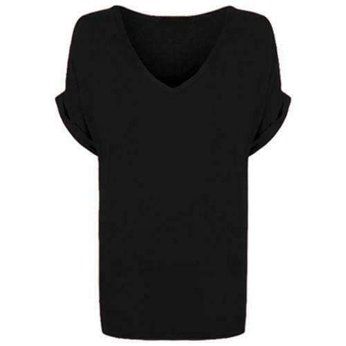 Image of Shop Nova® Women's New Plus Size Womens Short Turn Up Sleeve Baggy Plain Top Ladies V-Neck T-Shirt 8-26 (Black, 22)