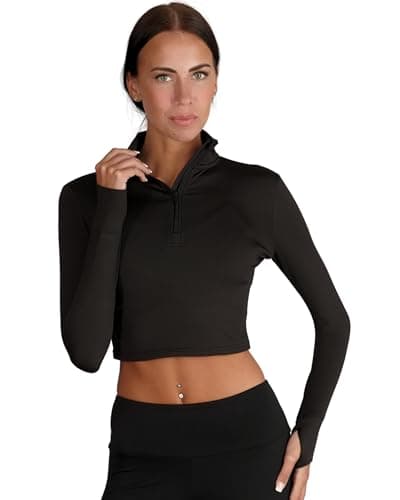 Image of Silky Dance 1/4 Zip Long Sleeve Crop Top Jacket for Women's, Quarter Zip Gym Top, Sports Yoga Dance - Black - Medium