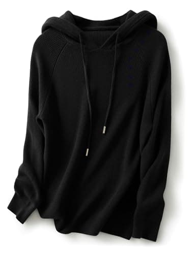 Image of Ciovkis Women's Merino Wool Blend Hoodies 2025 Fall Winter Crewneck Sweatshirt Long Sleeve Knitted Sweater with Drawstring, Black, S