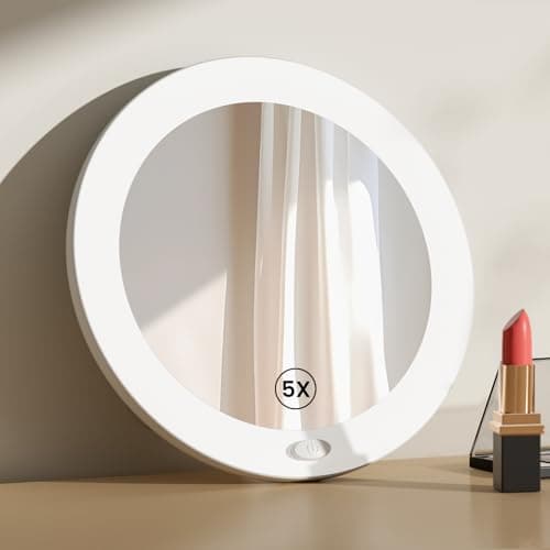 Image of EMKE Led Magnifying Mirror, Compact Mirror with Lights 5X Magnifying Mirror with Suction Cup, Shower Cosmetic Mirror Portable Makeup Mirrors for Travel, Makeup, Shaving, Eyebrows, 167x167mm