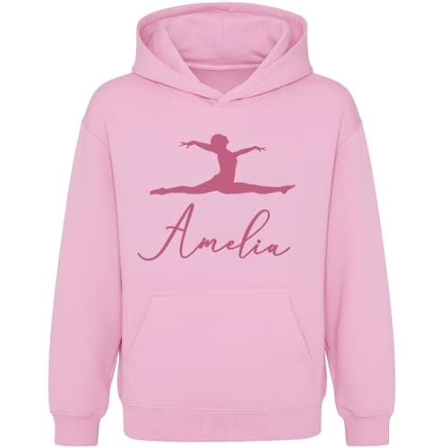 Image of Fringoo Personalised Gymnastics Hoodie for Girls Cotton Rich Soft Hooded Sweatshirt Gift for Kids Pullover Jumper with Kangaroo Pocket (UK, Age, 5 Years, 6 Years, Regular, Pink - Name)