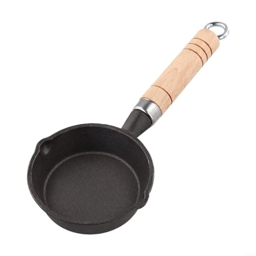 Image of Cast Iron for Mini Frying Pan 10 cm with Wooden Handle, Non-Stick Small Egg Pan for Roasting and Serving Oil, Vinegar and Sauces, Ideal for Kitchen and Household, Black (A10 cm)