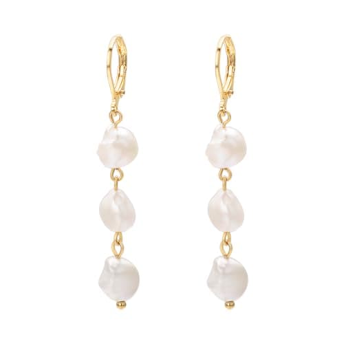 Image of Vissen White Baroque Pearl Earrings for Women Gold Plated Long Pearl Drop Dangle Leverback Earrings Jewellery