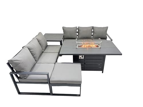 Image of FMSGarden Aluminium 7 Seater Outdoor Garden Furniture Lounge Sofa Set Gas Fire Pit Dining Table with Big Footstool Side Table Dark Grey
