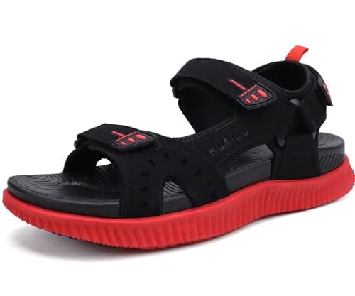 Image of KuaiLu Mens Leather Hiking Sandals with Arch Support Orthopedic Sport Recovery Athletic Walking Sandals For Man Outdoor Summer Casual Thick Cushion Beach Water Fisherman Sandal, size 7 Black Red