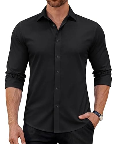 Image of J.VER Mens Black Shirts Long Sleeve Smart Casual 4-Way Stretch Formal Dress Non Iron Button Down Shirt L
