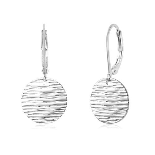 Image of Aliyoham Silver Plated Hammered Circle Drop Earrings, Leverback Dangle for Women - Textured Disc Design, Comfort Fit for Sensitive Ears & Everyday Wear