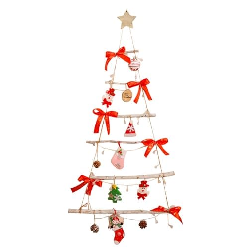 Image of Moskado Wall Mounted Christmas Twig Tree With LED Lights | Wall Hanging Christmas Tree Wooden Wall DecorsWooden Christmas Tree Hanging Xmas Wall Decor Wall Twig Treefor Bedroom Living Room Decor Red