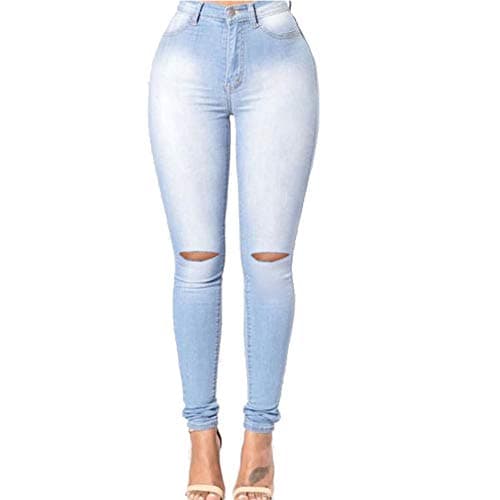 Image of Ouduo Women?s Knee Ripped Jeans, Ladies Skinny Fit High Waisted Stretchy Denim Trousers Slim Jeggings Plus Size Small Feet Pants (L,Light Blue)