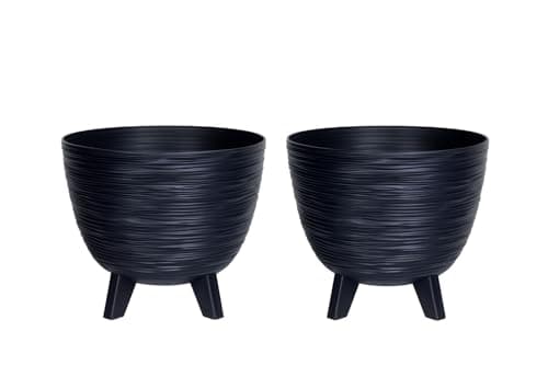Image of Planters Pride 2-Pack Futura 24cm Ribbed Plant Pots, Anthracite | 5L Raised Flower Bowls on Legs Plastic Outdoor/Indoor Planters, Houseplant Pots | Weather-Resistant 20cm Tall Decorative Planters
