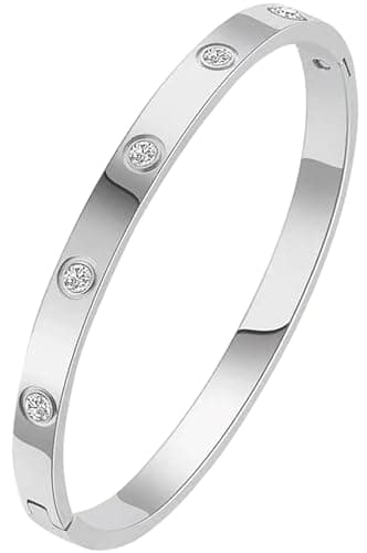 Image of Heyjoin Women's Stainless Steel Bracelet Crystal Oval Bangle Round Bracelets (Crystal Silver)