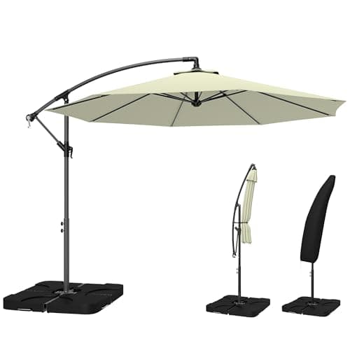 Image of Outsunny 3 m Cantilever Parasol with Umbrella Weights, Cross Base, Offset Outdoor Umbrella with Protective Cover, Crank Handle, Hanging Sun Shade, Beige