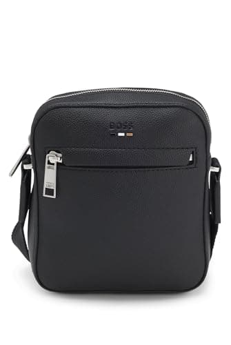 Image of BOSS Mens Ray NS zip N. Grained faux-leather reporter bag with signature-stripe trim Size One Size