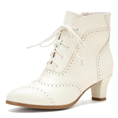 Image of Pixoecuty Short Ankle Boots Lace Up Booties for Women Side Zipper Victorian Boots Block Chunky Mid Heel, Beige, 3 UK