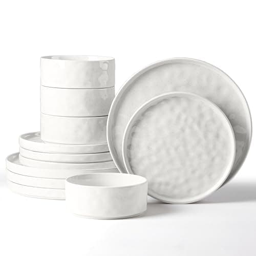 Image of Herogo 12 Piece Dinner Set, Stoneware Dinnerware Sets for 4 People, Reactive Glaze Dining Plates and Bowls, Microwave and Dishwasher Safe, Chip and Scratch Resistant, Elegant Speckled Pearl White