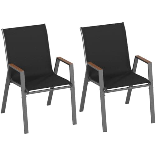 Image of TANGZON Garden Dining Chairs Set of 2/4, Metal Frame Outdoor Stackable Armchairs with Backrests & Wood-Plastic Armrests, Breathable Patio Dining Chairs for Balcony Poolside Backyard (2, Black)