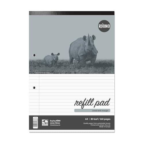 Image of RHINO A4 Refill Pad, Writing Pad, 160-Page / 8mm Lined with Margin, 1-Pack, White Hole Punched Top Binding Writing Paper, Office & School Stationery Supplies