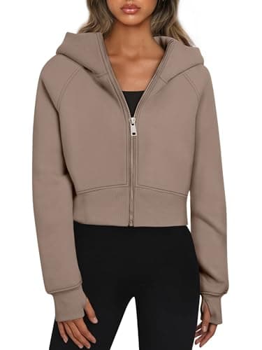 Image of Oyamiki Zip Up Hoodies for Women Uk Fall Trendy Hooded Sweatshirts Solid Fleece Lined Hoodie with Pockets Light Brown S