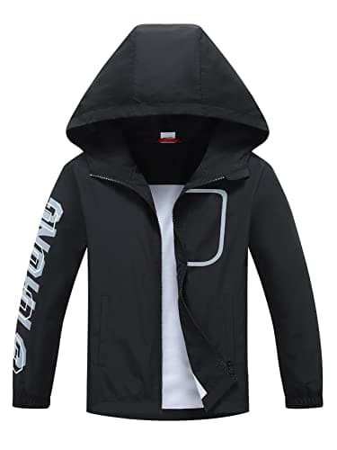 Image of ALXHUTE Boys Girls Waterproof Rain Jacket, Kids Lightweight Raincoat Windbreaker with Hood Black UK:7-8 Years (manufacturers's size: 130)
