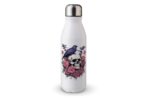 Image of MAXIKIWI - Single Wall Water Drinking Bottle with Screw Cap, Non Insulated Lightweight Aluminium, BPA Free, Leak-Proof - Raven On Rose Skull - 500ml