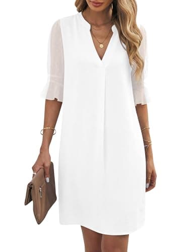 Image of KISSMODA Womens Elegant V Neck Dress Sheer Mesh Dot Ruffle Half Sleeve Shirts Dresses Solid Color Basic Shift Dress White